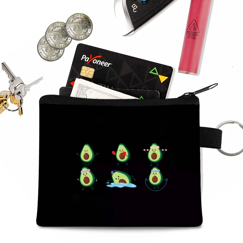 Monedero Unisex con estampado de aguacate, tapones para los oídos, bolsa de almacenamiento de llaves, objeto pequeño, hebilla de anillo, cremallera, lona negra, 2022