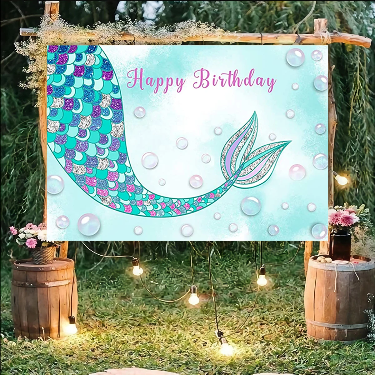 Mermaid Backdrop Under The Sea Background Purple Teal Girl Happy Birthday Party Decorations Banner Photo Studio Props (7x5ft)