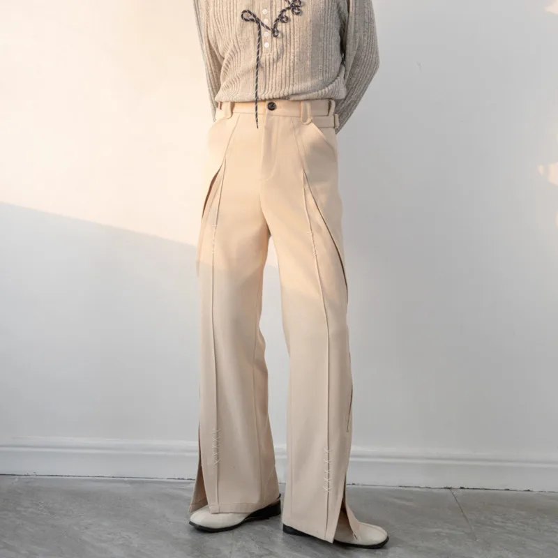 HKSH Spring Autumn New Men Tide Korean Vibe Deconstructed Patchwork Slit Straight Casual Suit-Pants Draped Chic Ins Vibe HK20342