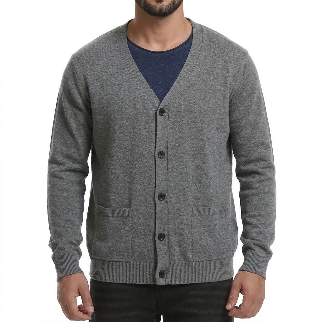 Neuer Herren-Cardigan mit langen Ärmeln, Knopfleiste, V-Ausschnitt, Strickware, lässiger Pullover, einfarbig, leichte Oberbekleidung mit Taschen. – Detail 7