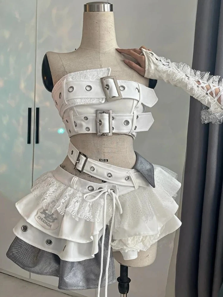 Conjuntos de 2 piezas Vintage elegante Y2K para mujer, Tops cortos sin tirantes góticos Punk + falda con volantes de cintura alta, trajes de fiesta para mujer 2025
