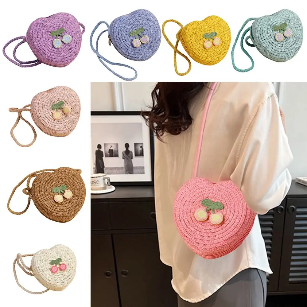 Cute Handmade Kids Straw Bag Heart Shape Cherry Shoulder Bag Woven Summer Beach Bag for Girls