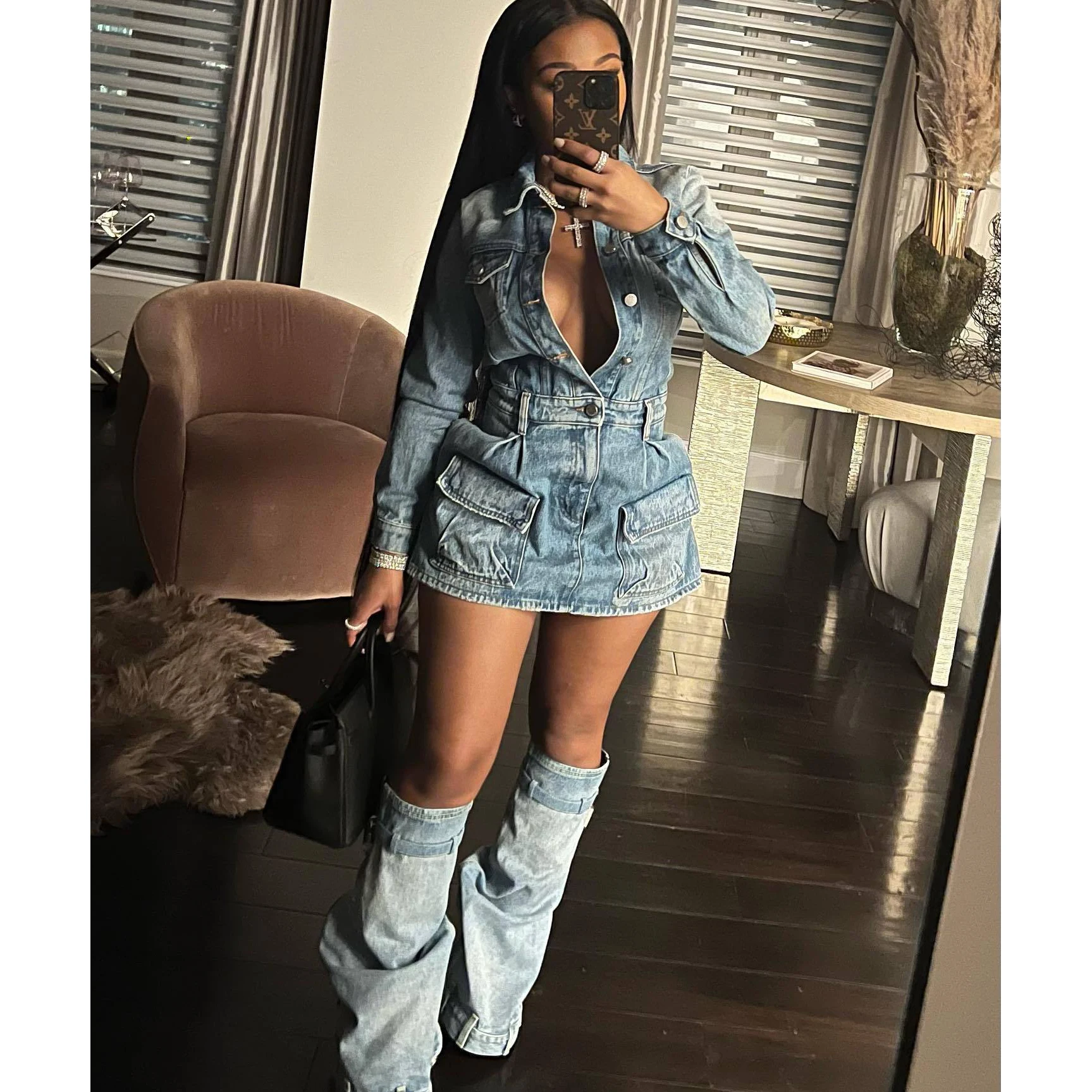 Denim Pocket Jean Jackets Dress 2 Piece Skirt Sets 2023 Winter Fall Y2K Streetwear Sexy Elegant Cargo Denim Two Piece Skirt Set