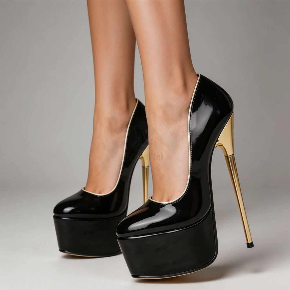 jialuowei Women Platform Pumps 22cm High Heel Fashion PU Leather Gold Metal Heel Shallow Slip-on Dance Nightclub Shoes