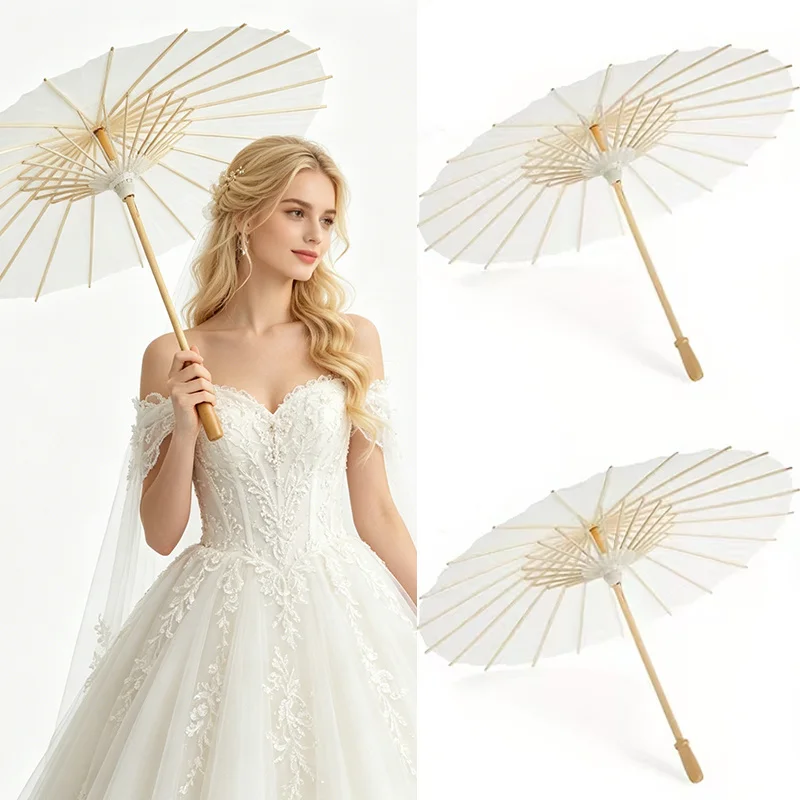 White Paper Parasol Umbrellas Chinese Oiled Paper Decor DIY Painting Bamboo Umbrellas Wedding Bridal Shower Party Photo Props