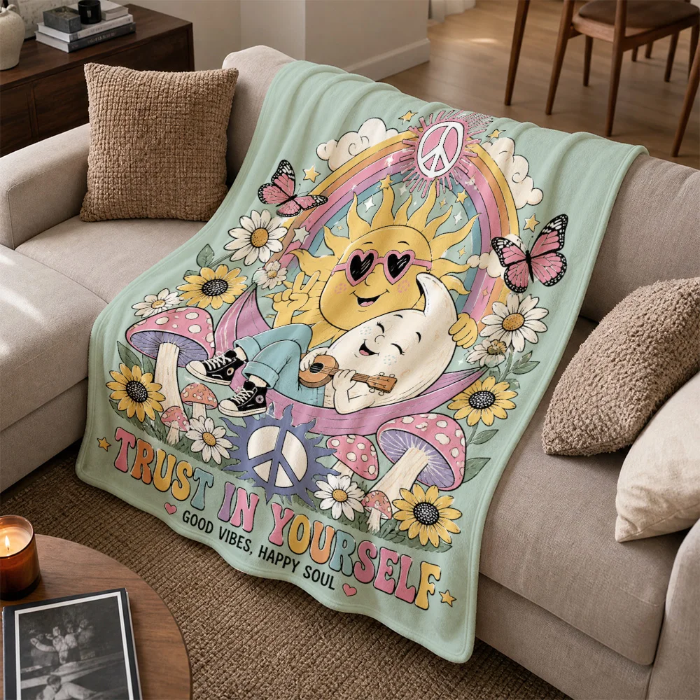 Aesthetic Boho Hippie Throw Blanket Sofa Throw Good Vibes Psychedelic Retro Festival Decor Blanket for Couch Living Room Home De