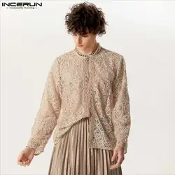 INCERUN Men's Shirt Lace Mesh Patchwork Solid O-neck Long Sleeve Button 2024 Men Clothing Streetwear Transparent Fashion Camisas