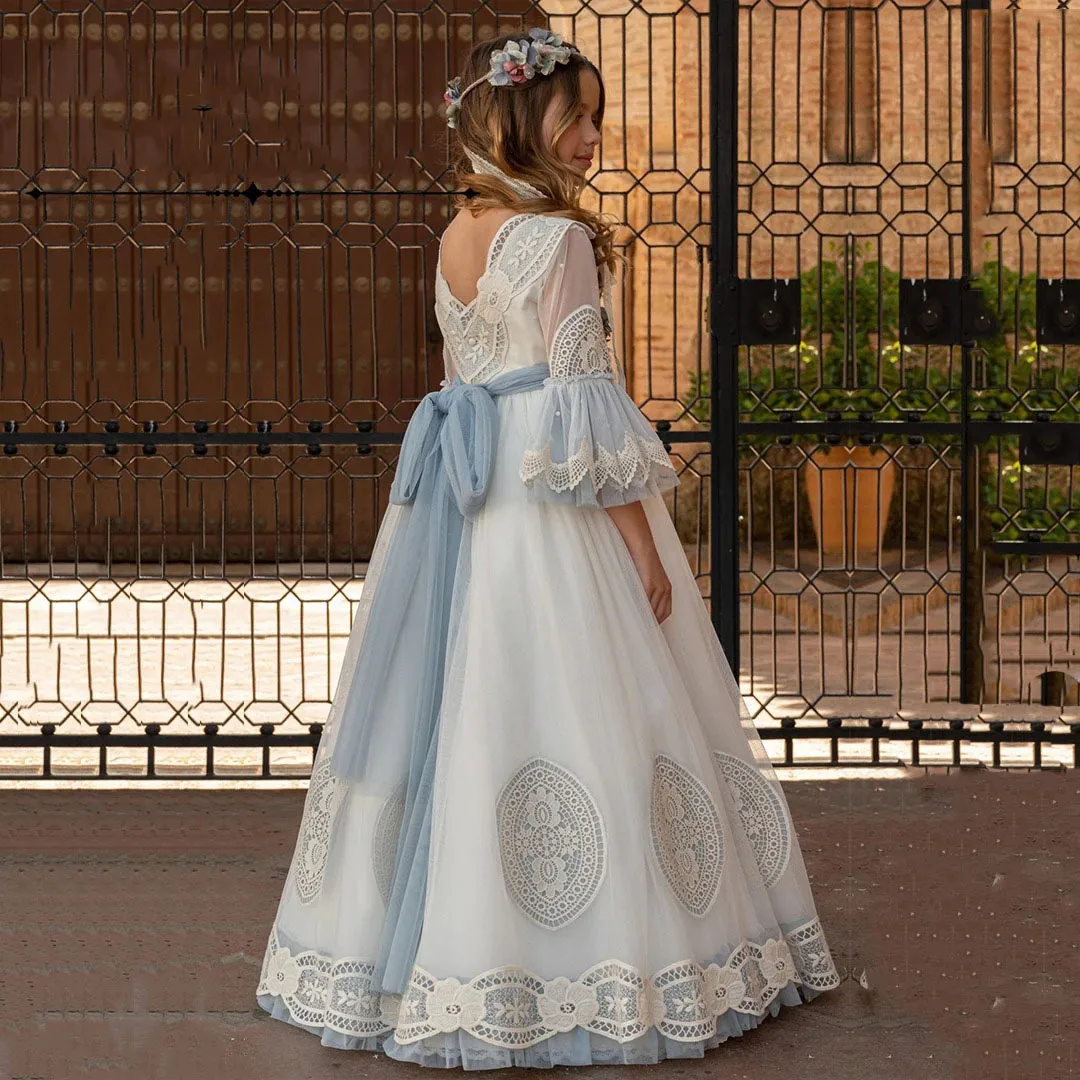 Customized Lace Appliques Flower Girl Dress for Wedding Floor Length Birthday Ball Gowns Princess First Holy Communion Dress