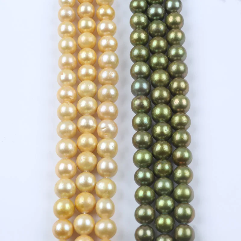 

10-13mm dye color gold green freshwater round edison pearl beads strand for jewelry making