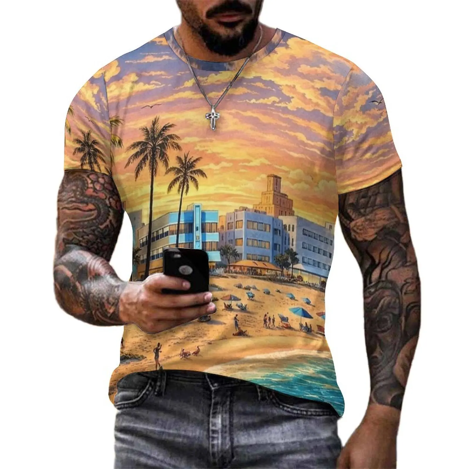 Miami Beach Florida Retro Summer Sunset T-Shirt Men Harajuku T Shirts Original Tees Short Sleeve Awesome Oversized Clothing