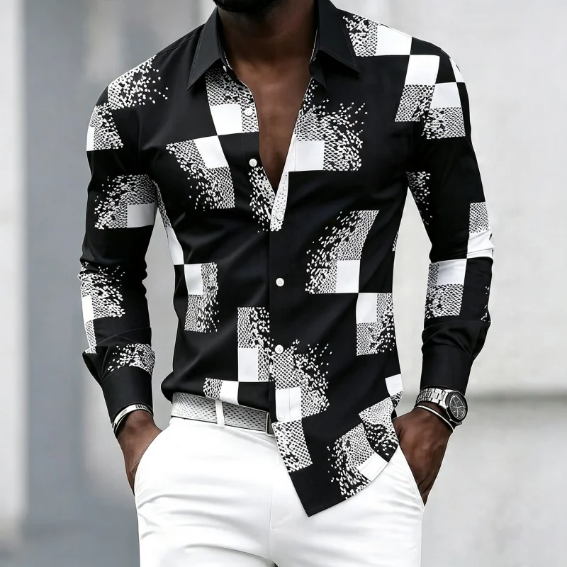Men's black and white patchwork block fragment printed long sleeved shirt, men's slim fit trend lapel, business casual shirt