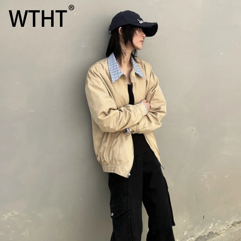 

WTHT модные мужские пальто в клетку контрастного цвета, модные свободные куртки с отложным воротником на молнии, мужские осень 2023, 2A1675