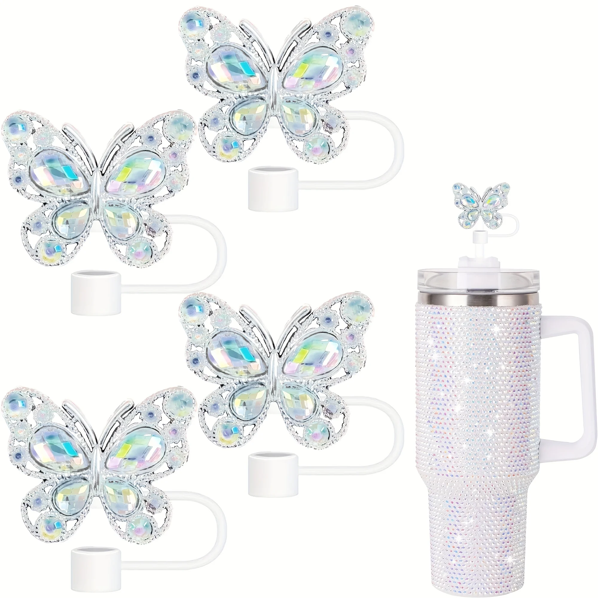 

4 шт. блестящие силиконовые соломинки-бабочки, пыленепроницаемые многоразовые покрытия для соломинки диаметром 1,02 см, декоративный дизайн соломинки