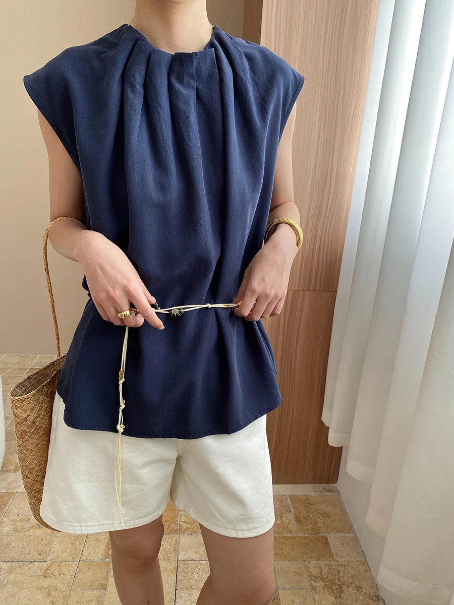 

Summer women's casual solid color round neck loose shirt