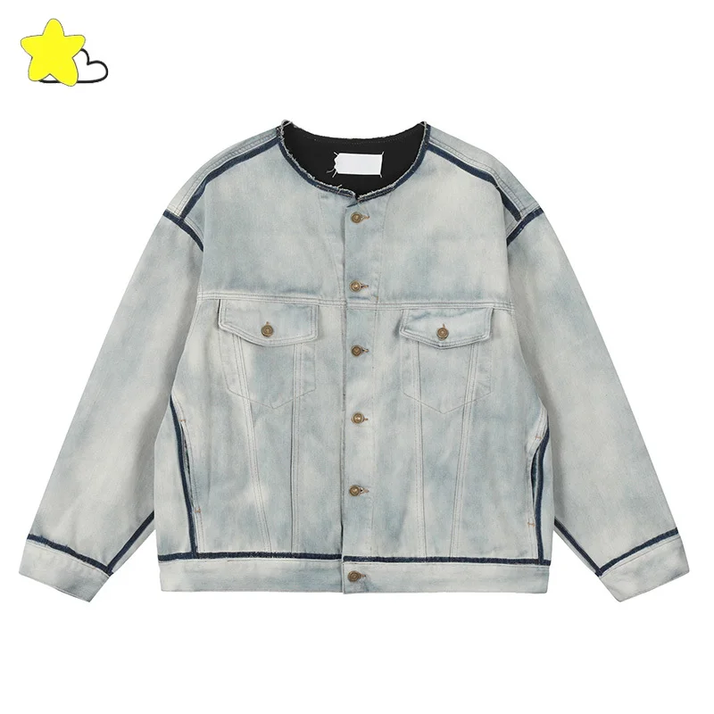 

24FW Best Quality Vintage Washed Light Blue Denim Jacket Men Women Casual Fashion Collarless Coats Outwear