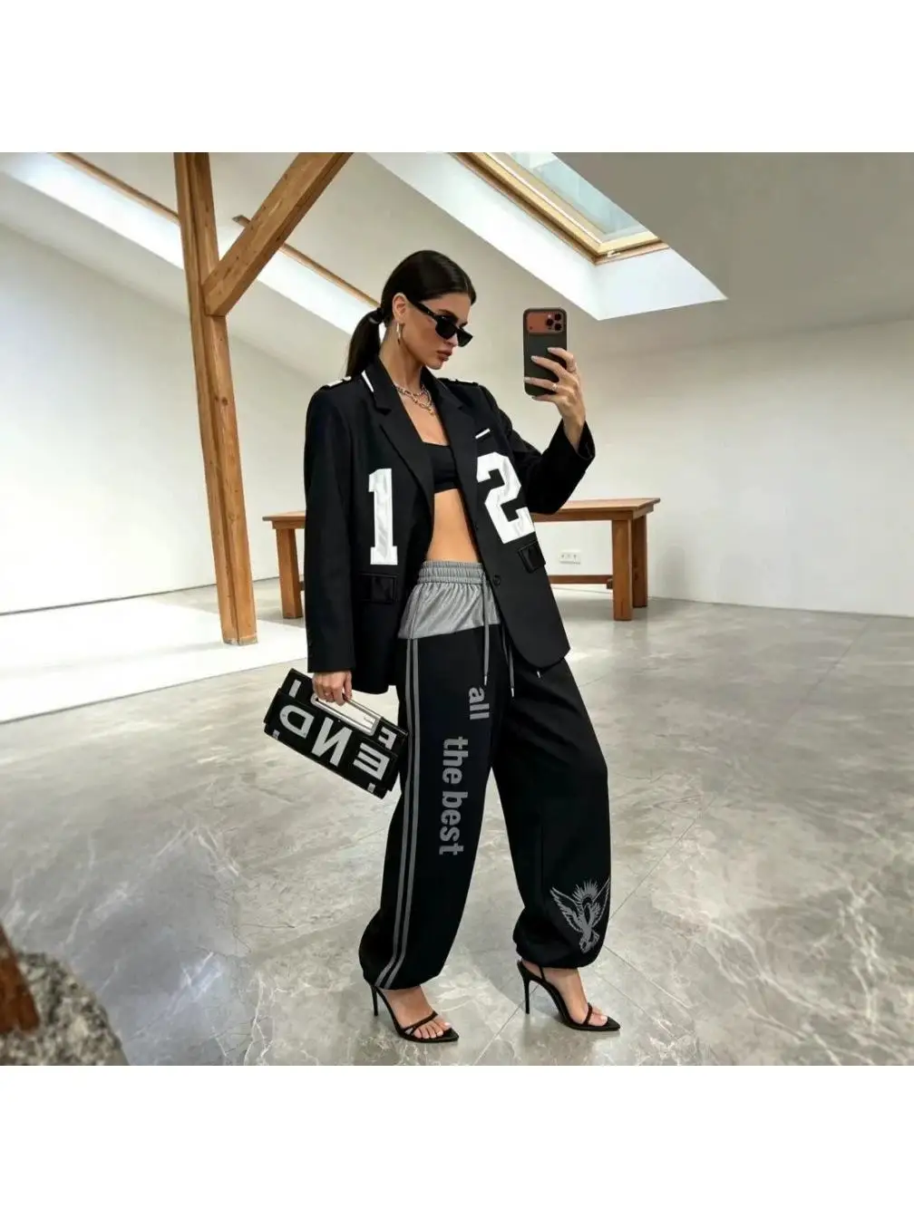Women's Two-Piece Suit Set Loose Fit Embroidered Digital Pattern Long Pants Elastic Waist Cargo Style Fashionable Autumn Wear