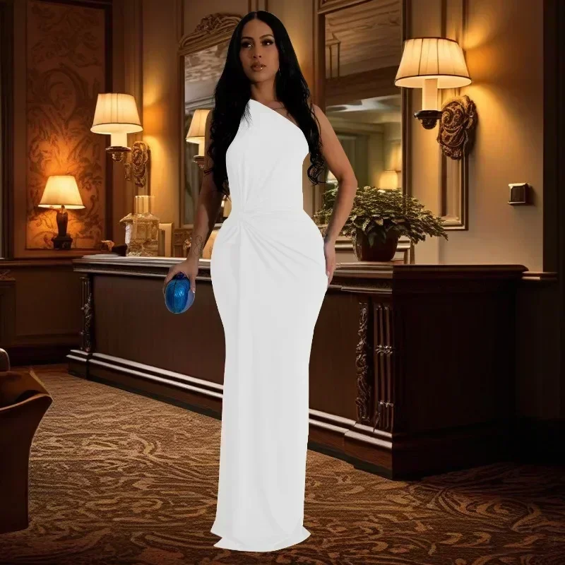 GUWU Een Schouder Party Lange Jurken voor Vrouwen Avond Celebrity Verjaardag Mouwloos Gedrapeerde Prom Formele Zeemeermin Maxi Jurk