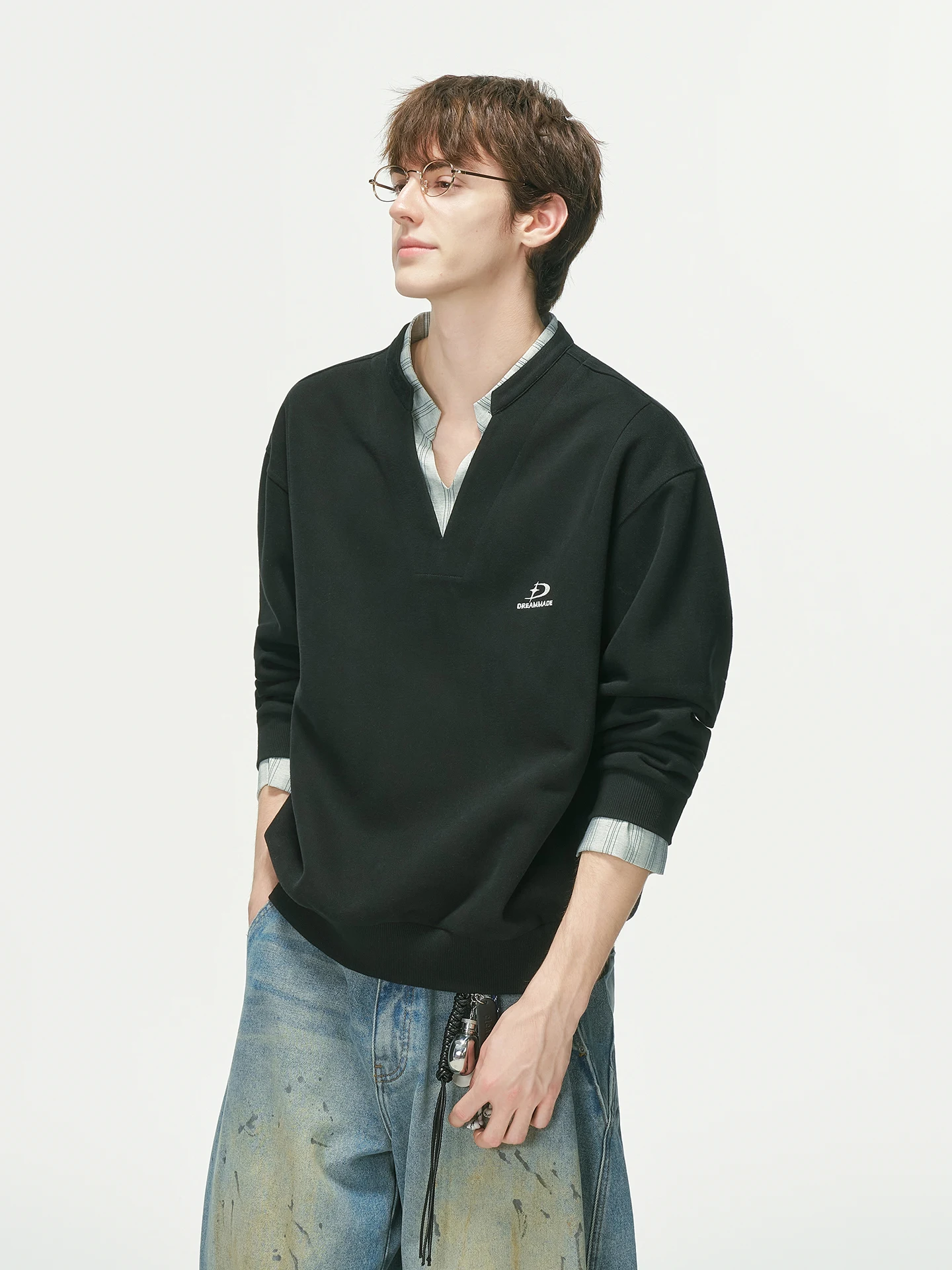 Dream Made College Style V-Neck Embroidered Color Block Sweatshirt Unisex High Intelligence Sensation Autumn Top
