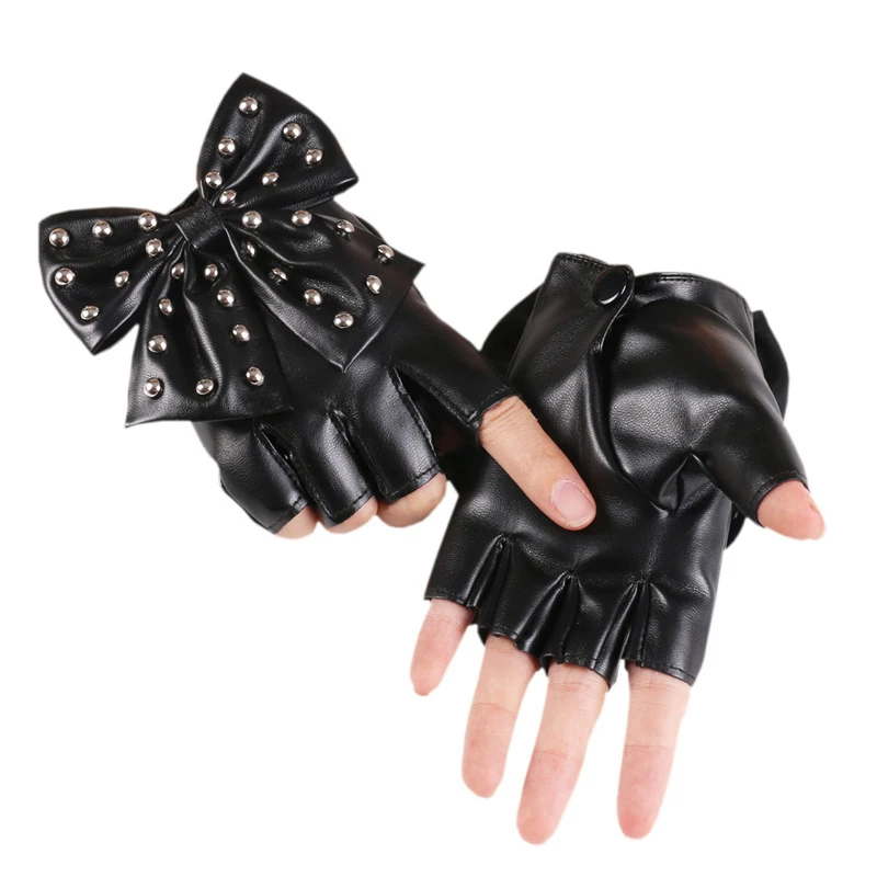 Fashion Bow Tie Rivet Lady Gloves Women Vintage Driving Stage Nightclub Pole Dance Performance Disco Rock Punk PU Glove Mittens