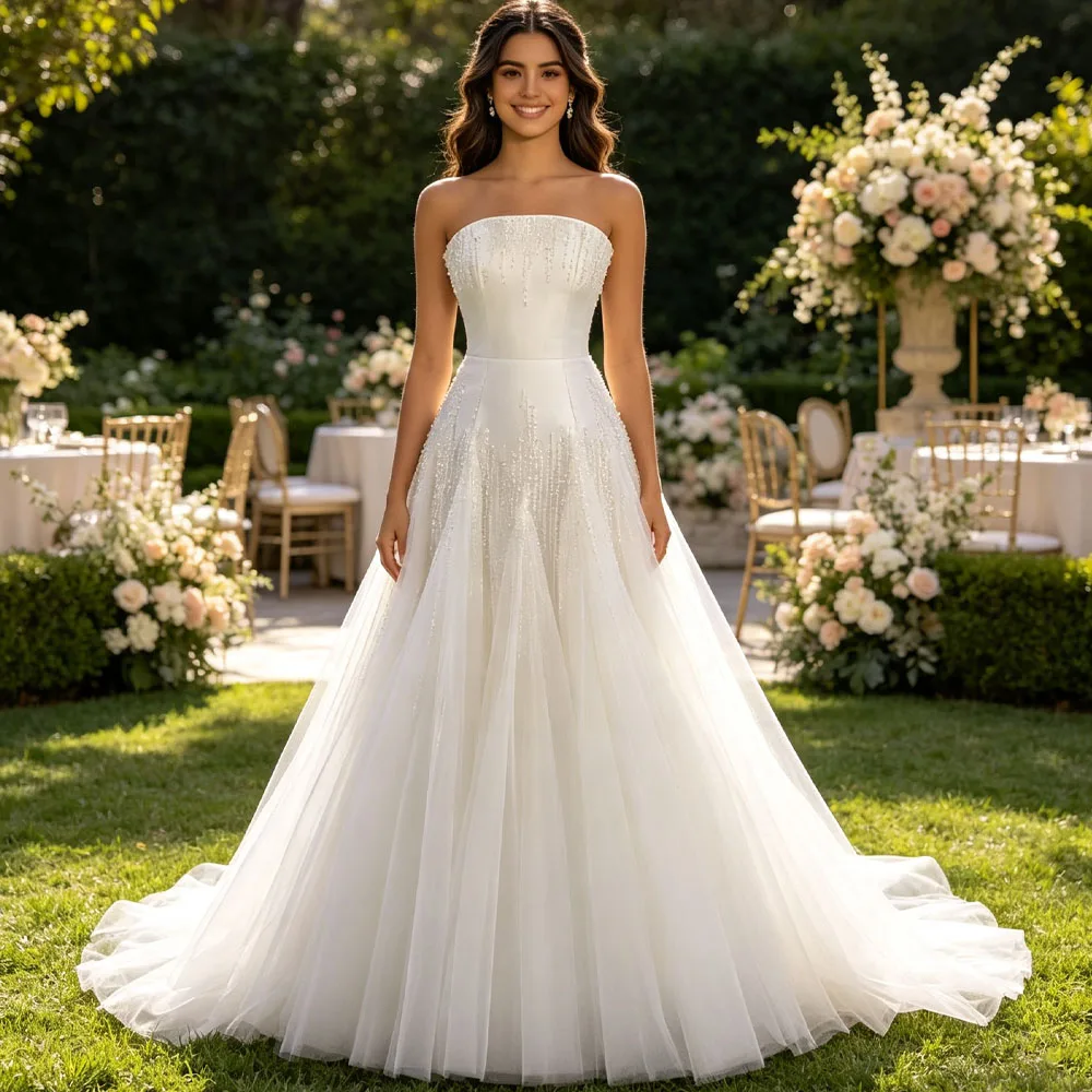 Luxurious Strapless Sleeveless Lace Up Back Wedding Dress Beading Pearls Vestido Noiva