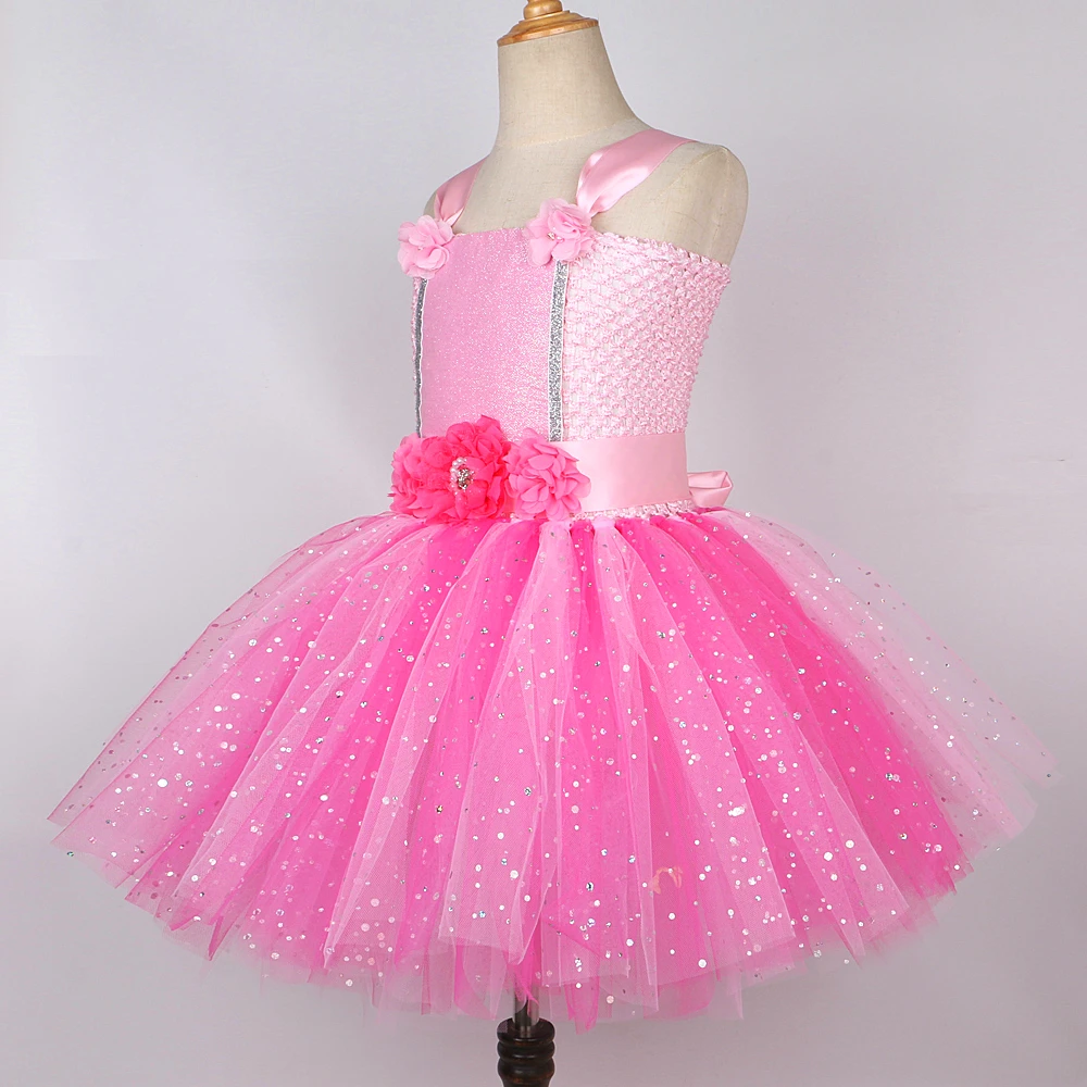 Sparkly Pink Fairy Tutu Dress for Girls Birthday Halloween Costumes for Kids Butterfly Wings Outfit Flower Girl Princess Dresses