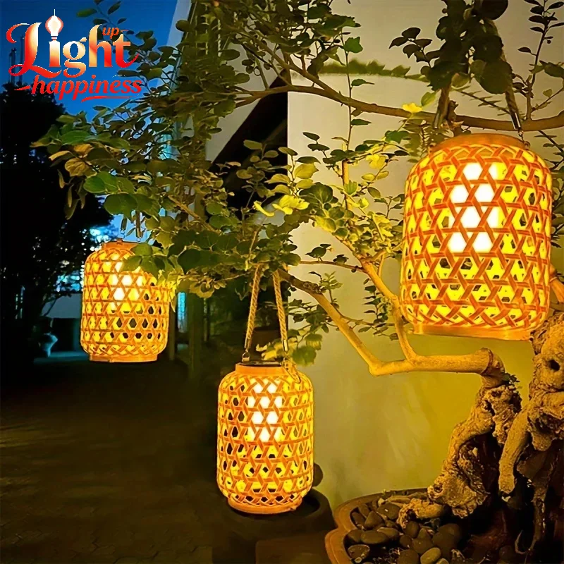 Solar Imitation Bamboo Lantern Outdoor Waterproof Plastic Rattan Lantern Courtyard Decoration Garden Light  LED Solar Lantern