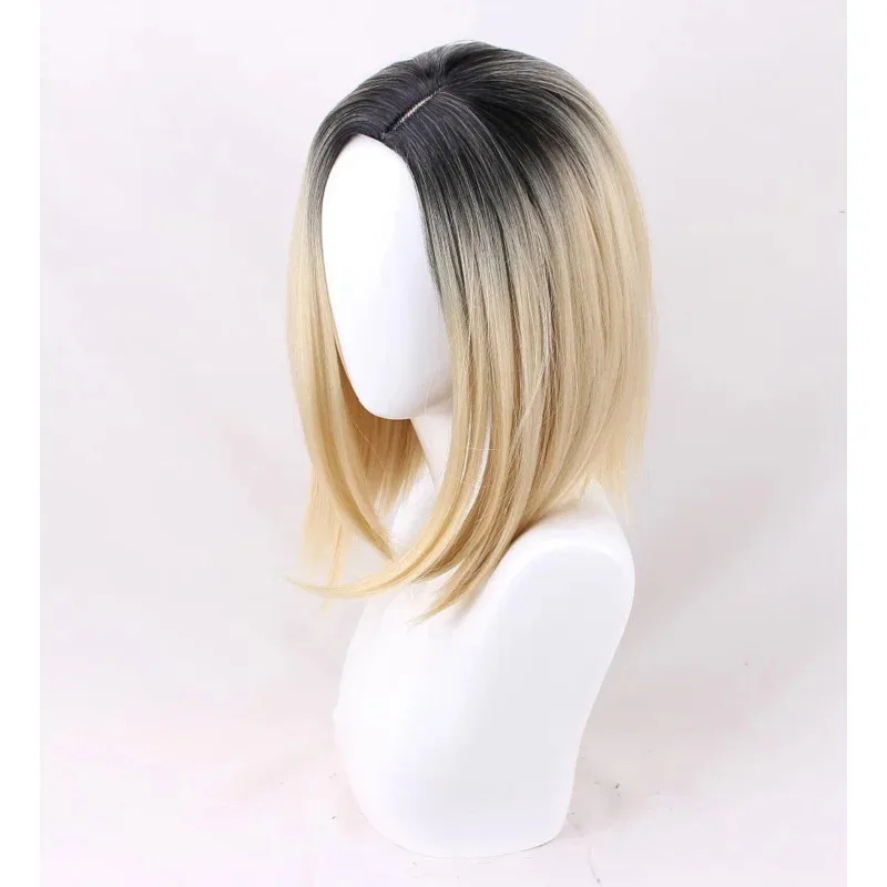 Afbeelding 4: Halloween Bruid Van Chucky Vrouwen Tiffany Blonde Omber Zwart Haar Middenscheiding Pruiken Jennifer Tilly Cosplay Pruik WigCap N15