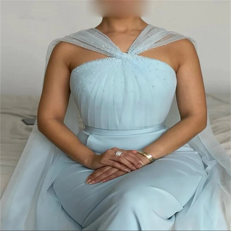 Vestidos Elegantes para madre de la novia, tul azul cielo, arabia Saudita, manga de capa, vestidos de fiesta de noche, 2023