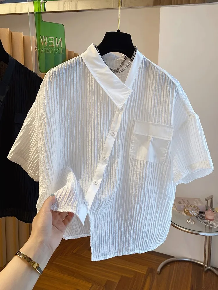 White Shirts Women Patchwork Irregular Design Short Sleeve Shirt Chic Fashion Blouse Summer Trend Thin Top Aesthetic Clothes