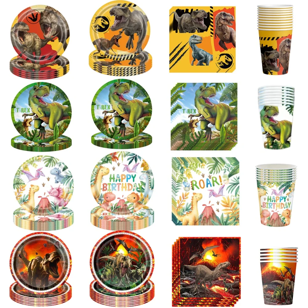 Dinosaurier-Themen Geburtstagsparty Dekorationen Jurassic Dino Tischgeschirr Teller Servietten Becher Babyparty Kinderparty Zubehör Sets