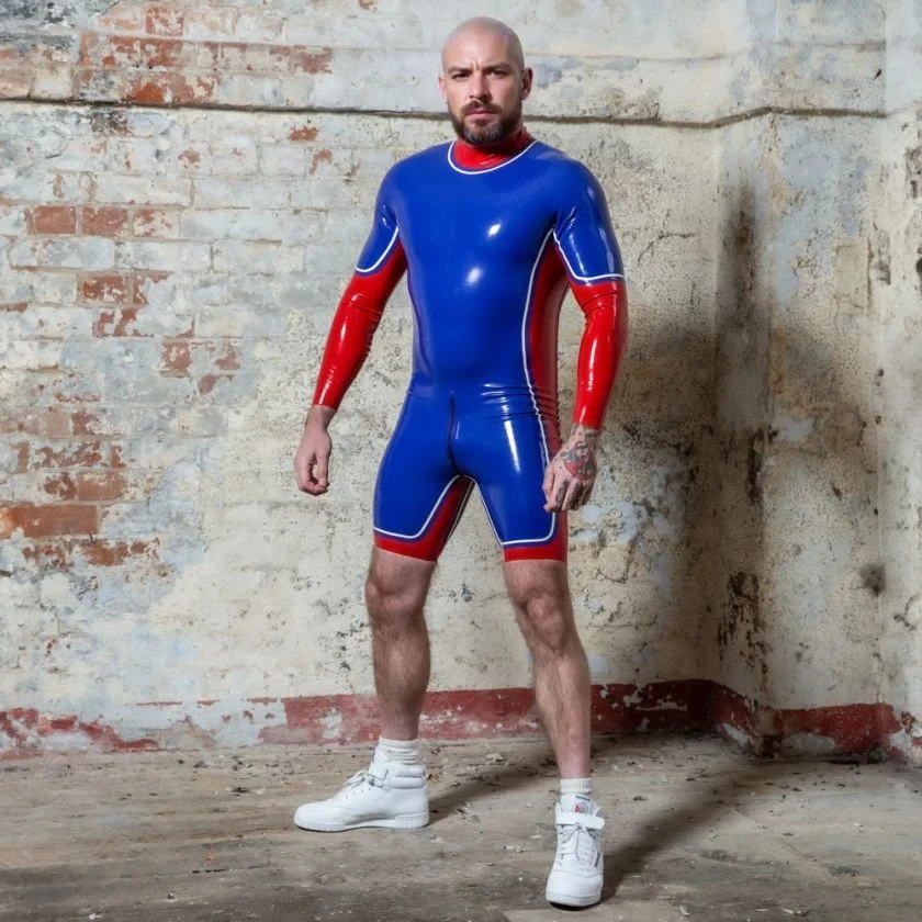 

customized eurocat latex bodysuit men's blue latex catsuit red and white trim short long sleeves rubber costume clubwear cosplay