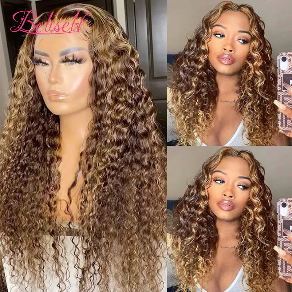 4/27 Highlight Deep Wave Lace front wig Curly human hair wigs Colored 13x4/13x6 Transparent lace Frontal Wig for women Beliself