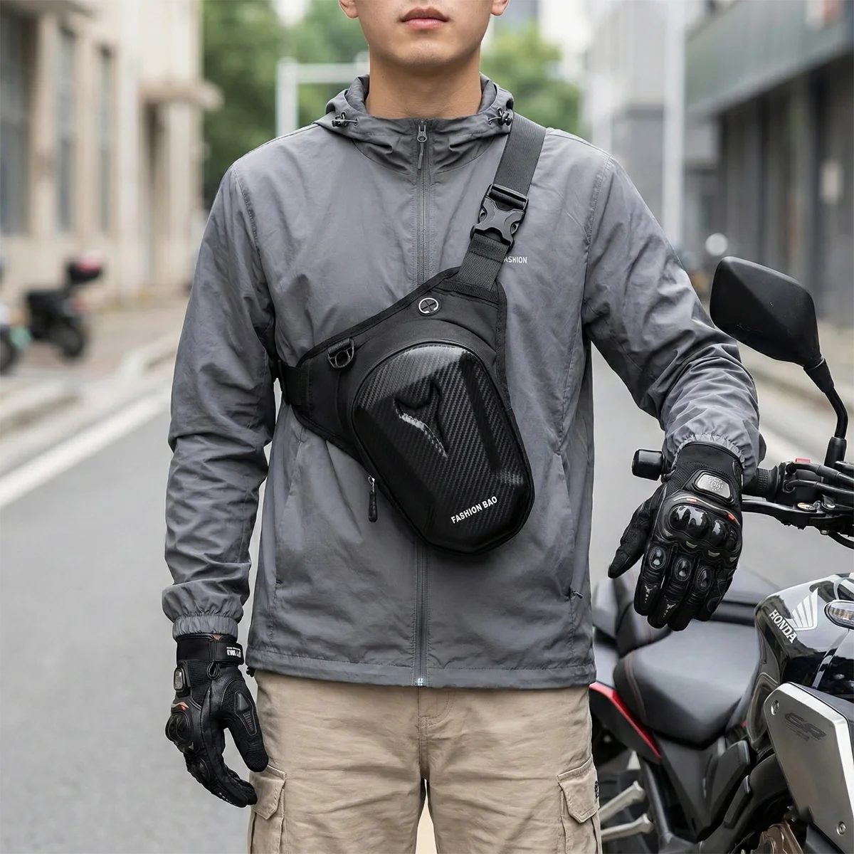 

Motorcycle Drop Leg Bag Carbon Fiber Hard Shell Waist Pack Waterproof Sling Crossbody Men Headphone Jack Ideal Riding Cycling