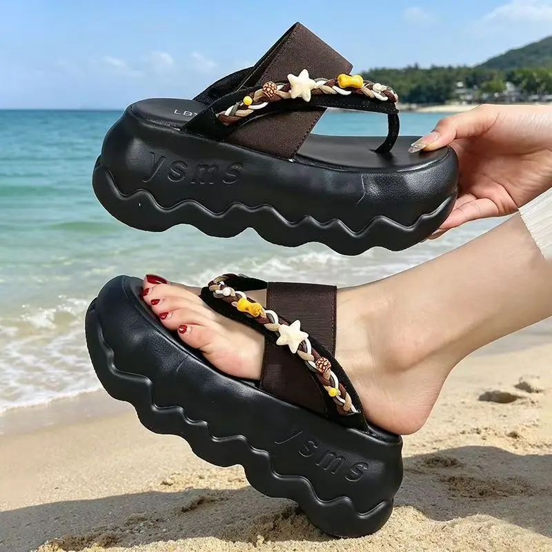 Fashion Wedge Outdoor Slippers Women's Summer Thick Bottom Flip Flops Outdoor High Waist Seaside Beach Leisure Flip Flops Suede