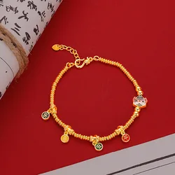 New Chinese Style 9999 24K Real Gold Versatile Retro High Temperature Enamel Peace and Joy Tiger and Lion Women's Thin Bracelet