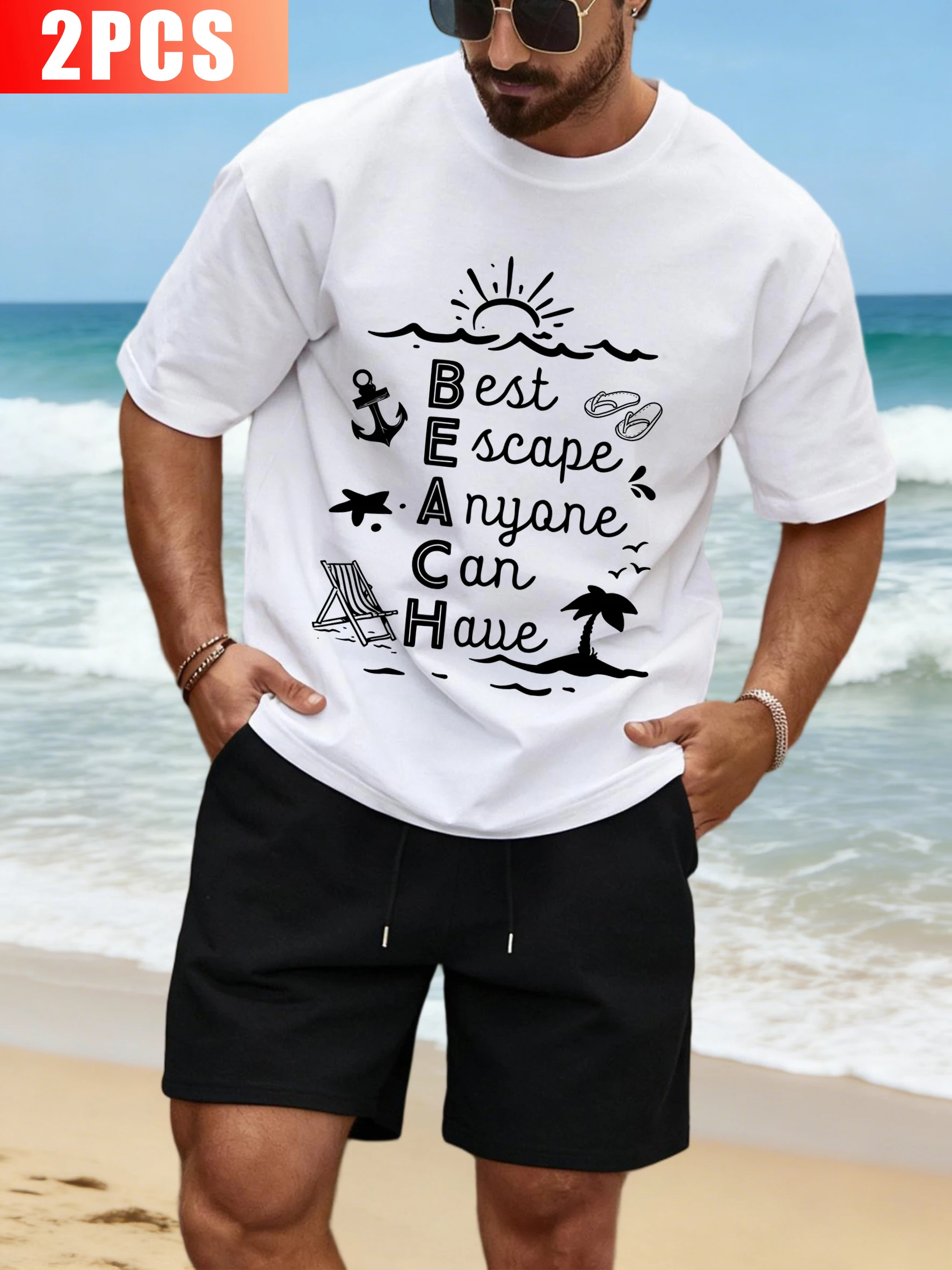 

The Best Way To Relax Is Vacation T Shirt Set Men Cotton Summer Tee Loose Pocket Pants Unisex All-Match O-Neck Short Sleeve