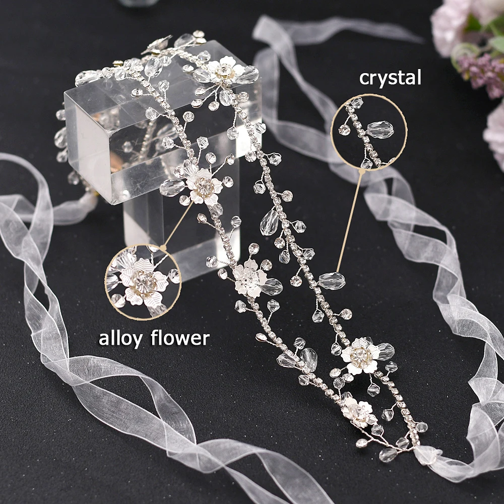 Two Strands Hairband With Ribbon Flower Headband For Wedding Crystal Beads And Alloy Flowers Elegant Bride Hair Wreath Communion