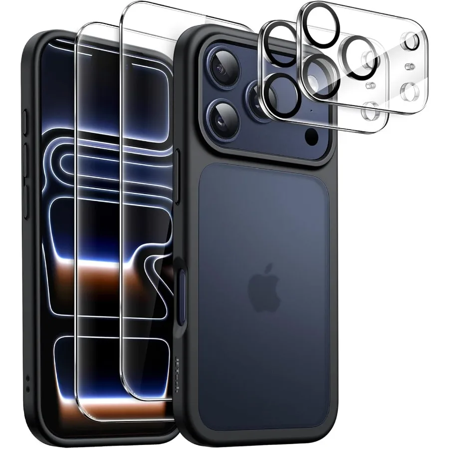 

Матовый чехол 5 в 1 для iPhone 17 Pro, 6,3 дюйма, 2 упаковки каждая защитная пленка из закаленного стекла и защитная пленка для объектива камеры