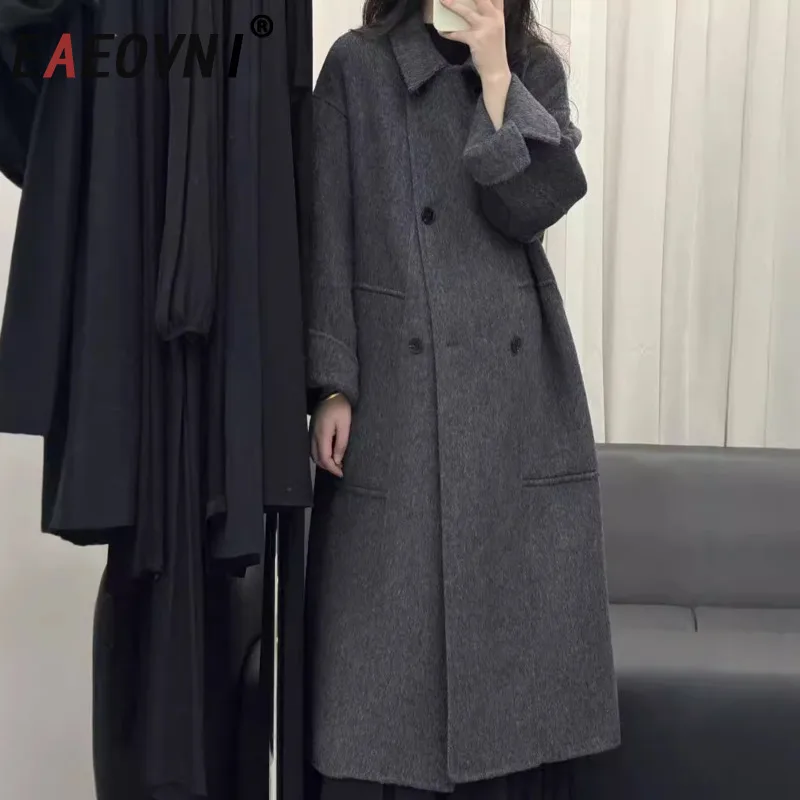 

EAEOVNI Winter Double Wool Long Coat Women Fashion Lapel Asymmetrical Button Solid Color Jacket Office Lady 2025 New Clothing