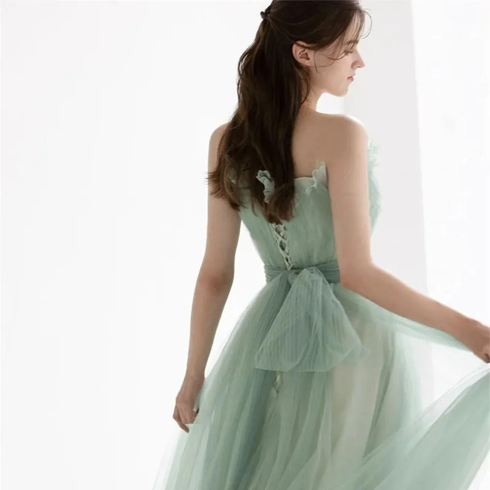 Fairy Sage Green Draped Tulle Long Prom Dresses Korea Women Wedding Photoshoot Princess Evening Gowns Garden Bride DressML-027