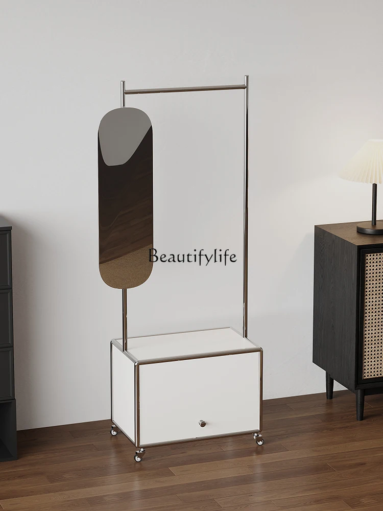 

Light Luxury Full-Body Floor Mirror Bedroom Movable Fitting Mirror with Clothes Rack Integrated