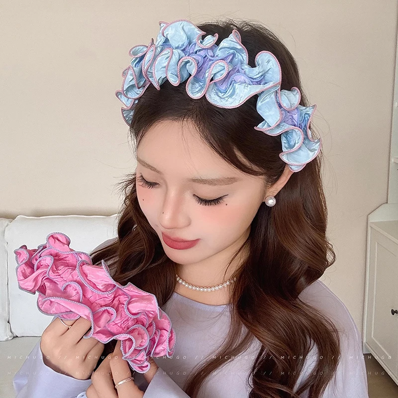 Ikat Rambut untuk Wanita, Ikat Kepala Lebar Ruffles Lipit Aksesori Rambut Elastis Anti Selip
