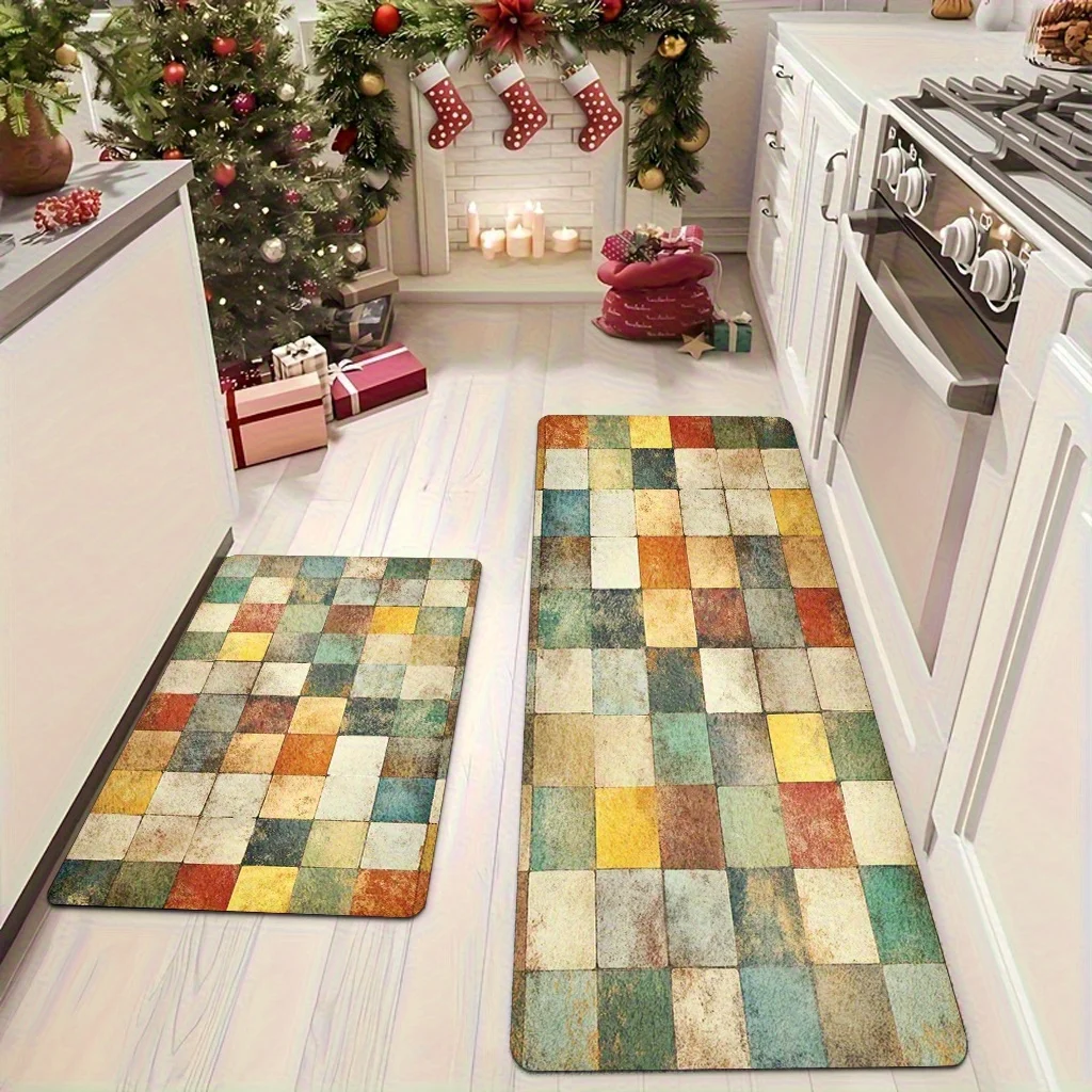 Vintage Mosaic Tile Printed Carpet L-shaped Kitchen Carpet Ethnic Style Bedroom Living Room Entrance Decoration Door Mat