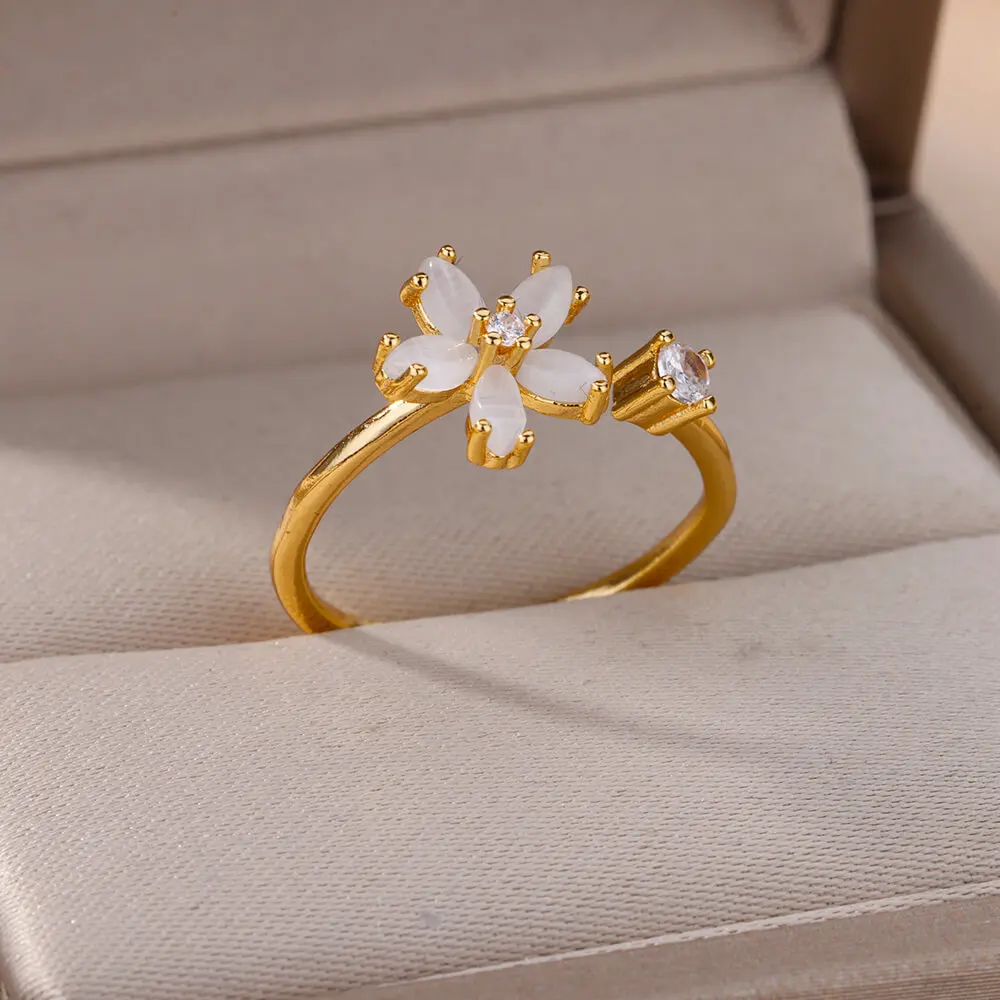 Opal Flower Rings For Women Cubic Zirconia Openning Stainless Steel Flower Ring Wedding Floral Aesthetic Jewelry anillos mujer image 2