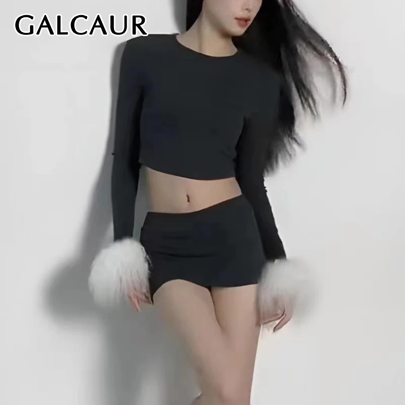 GALCAUR Solid Two Piece Sets Women O Neck Long Sleeve Spliced Feather Short Top High Waist Mini Skirt Sexy Hot Girl Suits Female