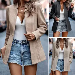 Women Casual Pocket Design Open Front Long Sleve Slim Coat Autumn and Winter Office Ladies Stand Neck Cardigan Elegant