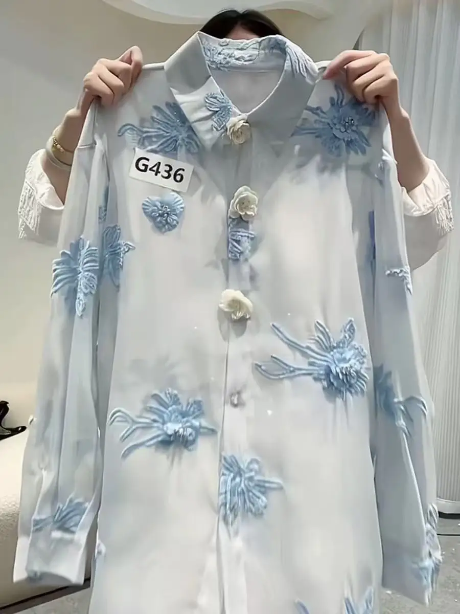 

New In 2025 Fashion Spring Summer 2025 Shirts and Blouses Woman Mid-length Blue Top Blusas Women Clothing