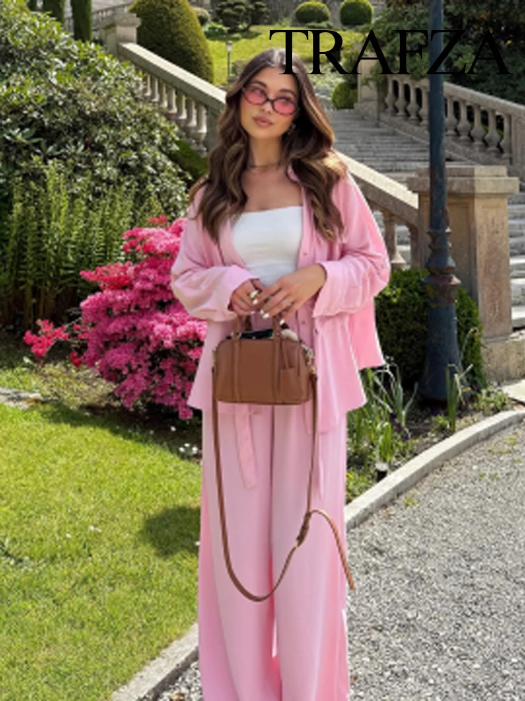 

TRAFZA Women Summer Fashion Turn-Down Collar Pocket Single-Breasted Draw Rope Casual Shirt+Elastic Waist Loose Long Pants Suit