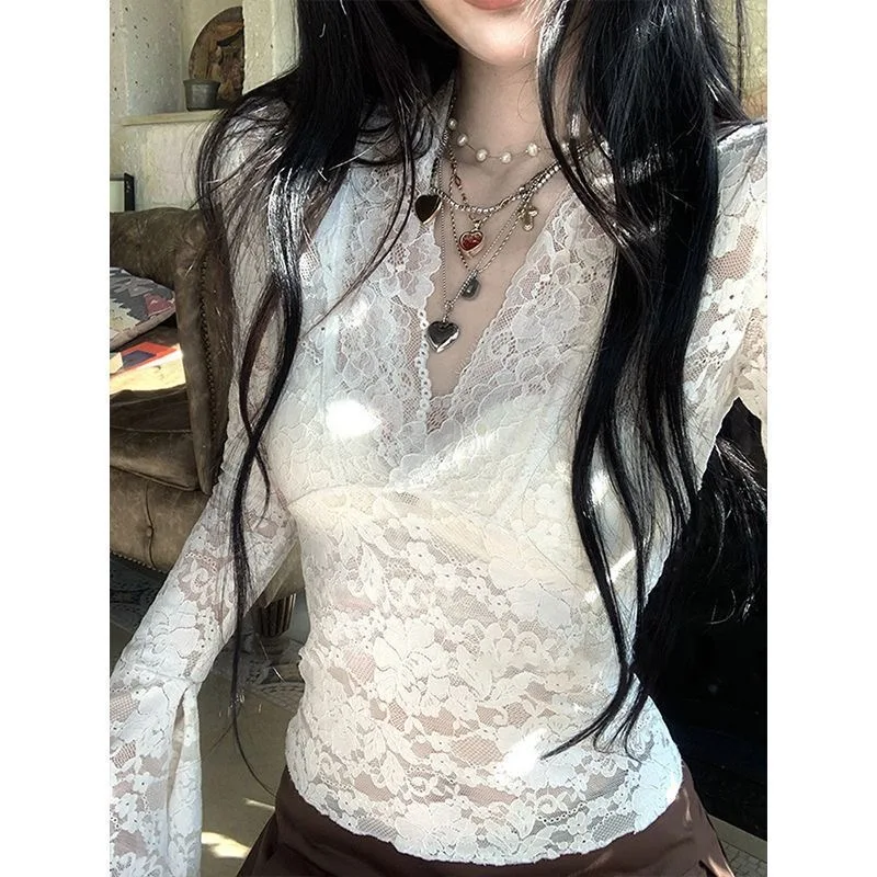 Elegant White Lace Deep V Neck Crop Top with Extended Flare Sleeves Delicate Lace Accents Sheer Y2K Fashion SexyTop Women