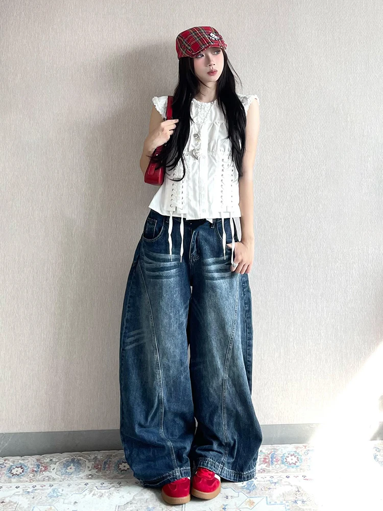 

Американские ретро-джинсы-«мешки» для женщин, летние, с высокой талией, свободные, в пол, прямые, широкие, с эффектом «косы»